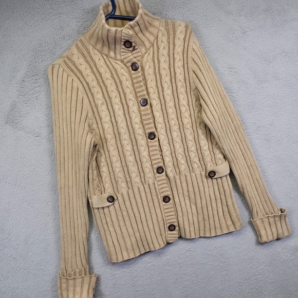 Eddie Bauer Cardigan Womens L Chunky Cable Knit Ribbed Preppy Y2K Old Money - Picture 1 of 14